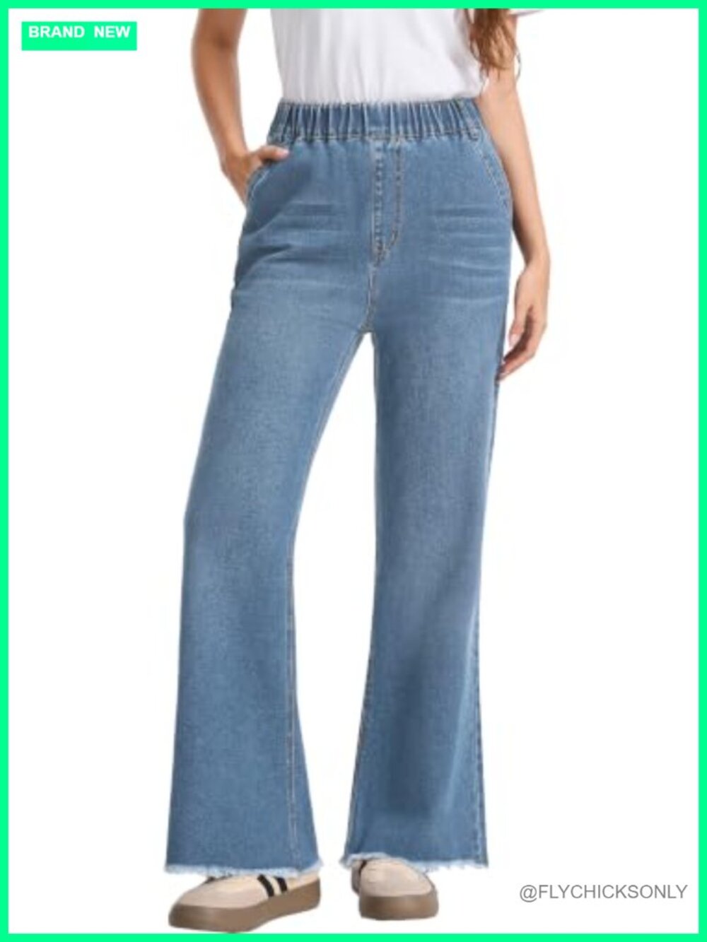 Stretchy Pull-On High Waisted Flare Jeans Raw Hem